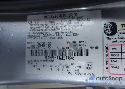 2010 Ford Fusion Se из США, поврежденный, VIN 3FAHP0HA4AR399546